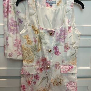 Floral Sleeveless Blazer with Gold Buttons